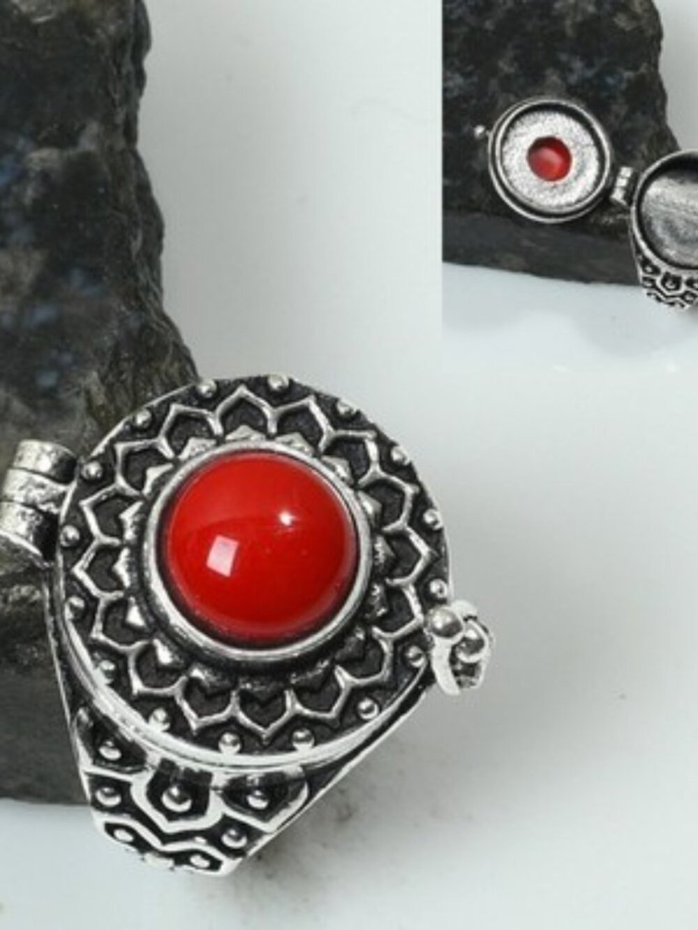 Poison Box Coral Gemstone Sterling Silver Ring 6.5